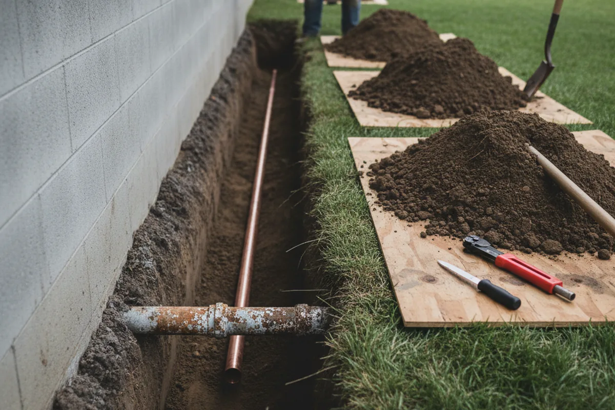 Excavated water line trench during Water Heater Repair in Muscadine